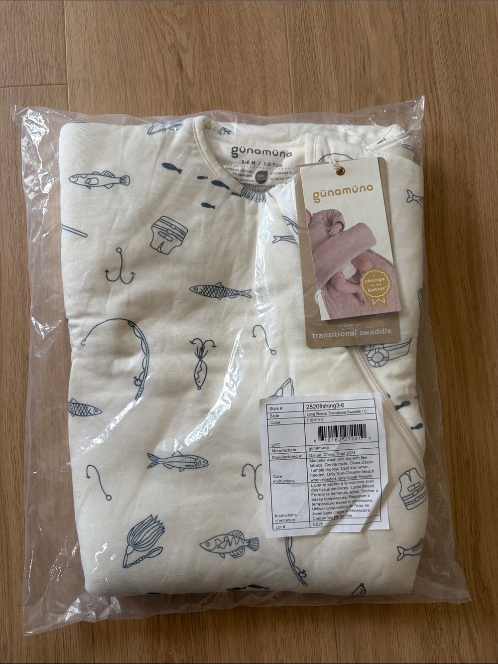 GUNAMUNA Cream Fishing Print Transitional Swaddle - Kids Sleep Sack